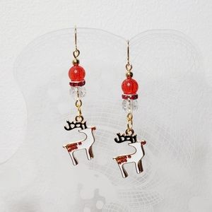 Christmas Dangle Earrings Rudolph Enamel Charms Crackle Beads Handmade
